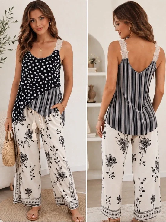 Tank Top Polka Dot & Vertical Stripe Lace-Trim Straps - Black/White Relaxed Fit - Picture 2 of 14